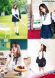 A collage of photos of a woman in a school uniform.