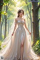 a woman in a wedding dress standing in the woods